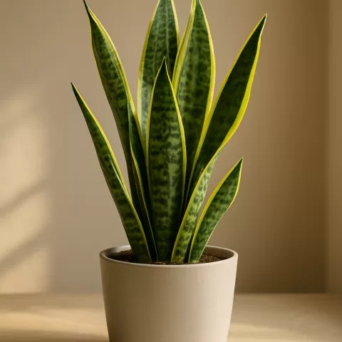 Snake plant (Dracaena trifasciata) with tall variegated leaves in a simple pot against a soft blurred background.