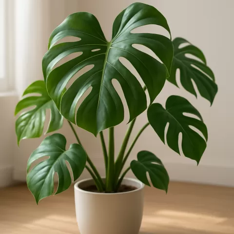 Monstera deliciosa with large split and perforated leaves in a pot by a sunlit window