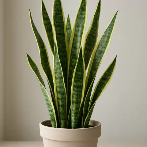 Snake plant (Dracaena trifasciata) with upright variegated leaves in a pot