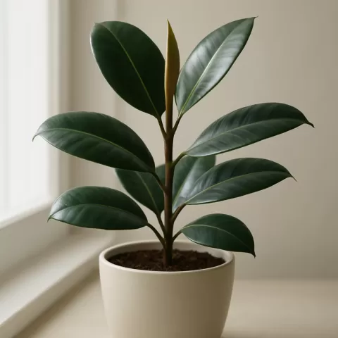 Rubber plant (Ficus elastica) with glossy dark green leaves in a ceramic pot by a sunlit window.