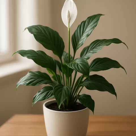 Potted Peace Lily with glossy green leaves and a white spathe bloom